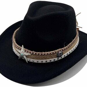 Black Western Cowboy, Cowgirl Hat, Lone Star Strap, Men Women Retro Wide‎ Brim